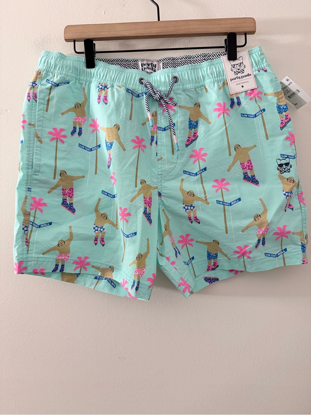 Party Pants Aqua Sloth Print Swim Trunks L